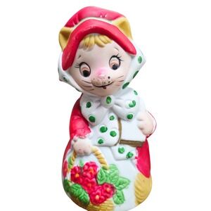 Vintage Jasco Taiwan Ceramic Bell Girl Cat Basket Flowers Red Hat Figurine